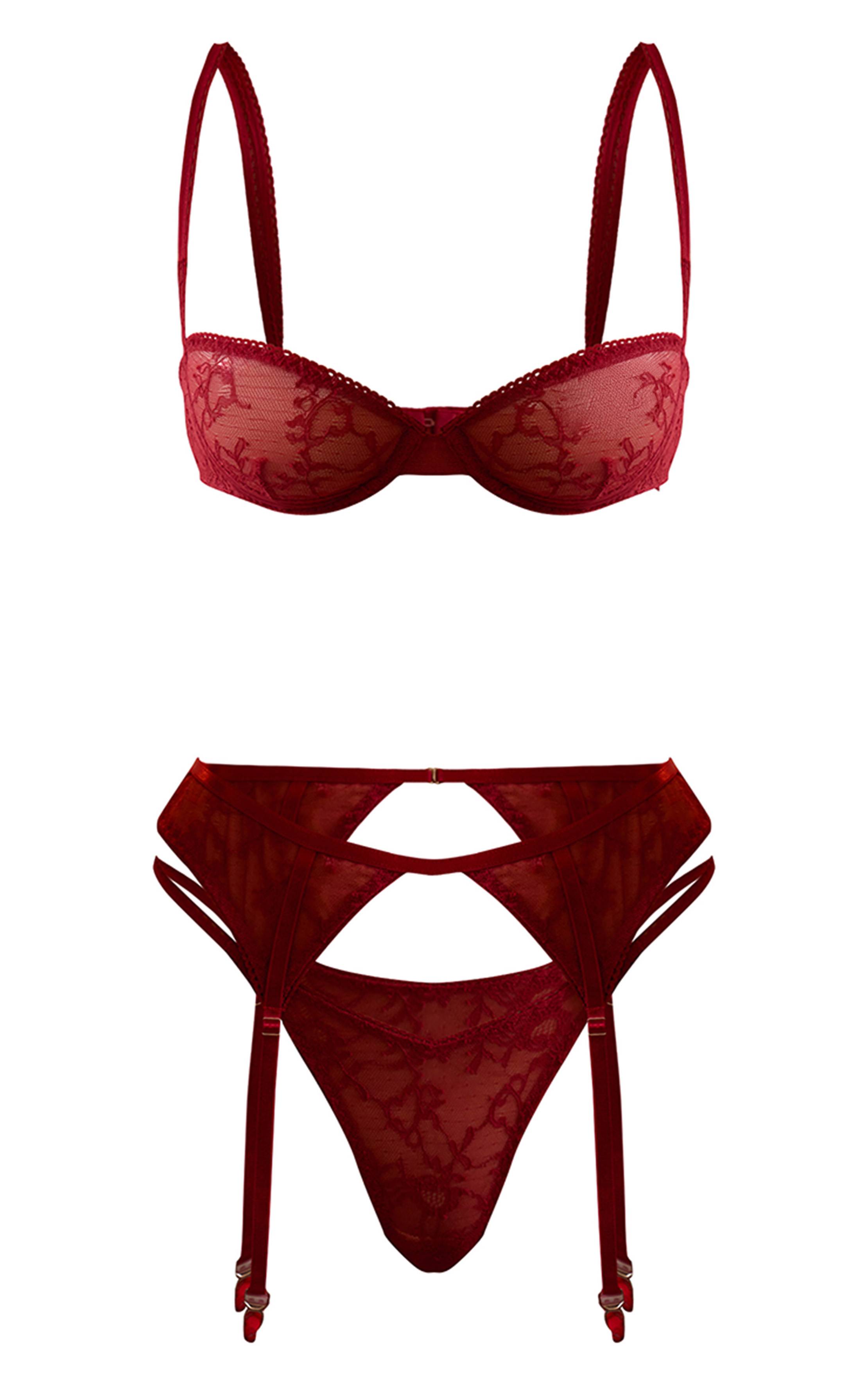 Rouge Ensemble Porte-jarretelles 3 Pièces En Dentelle À Bonnets Arrondis