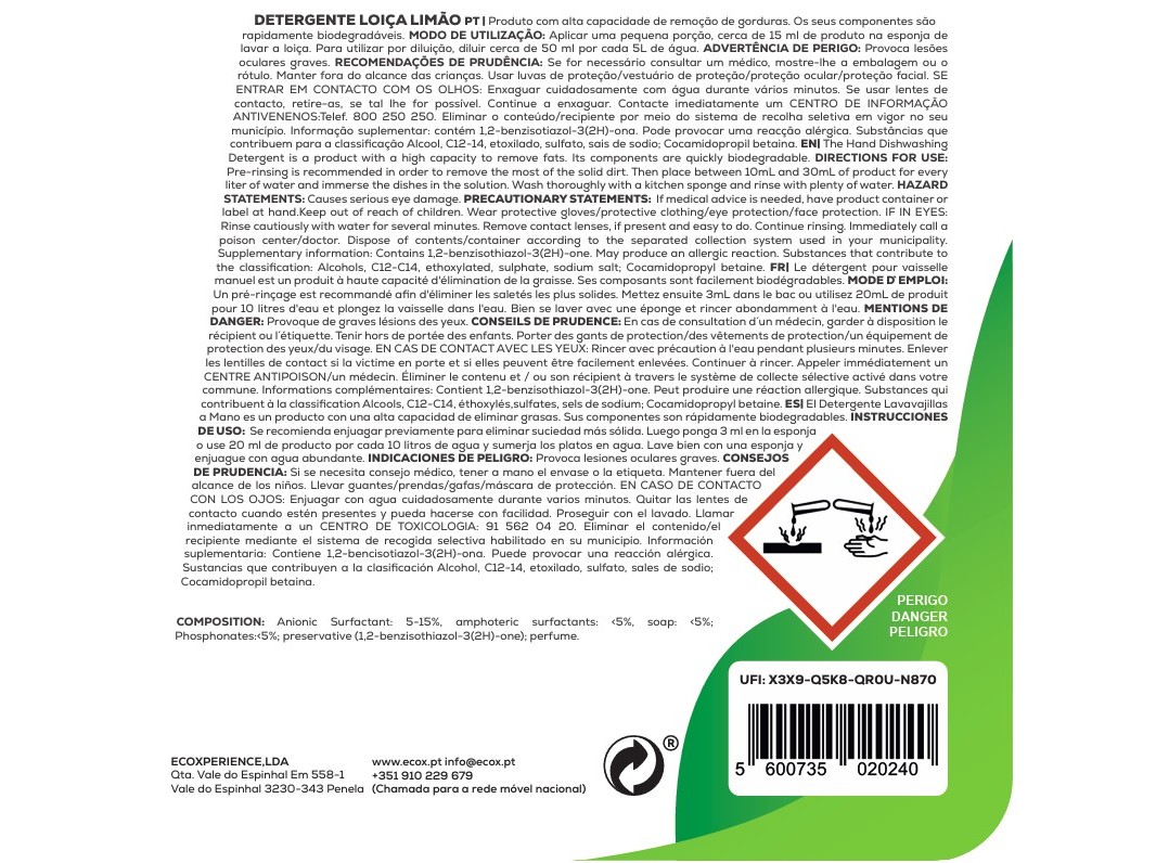 DETERGENTE LOIÇA MANUAL ECOX LIMÃO 850ML