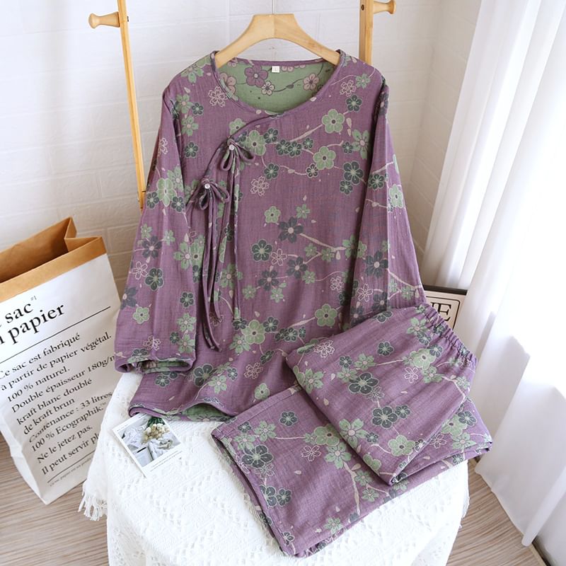 Somnus - Pyjamaset: Lange mouwen, bloemenprint, kikker, knoopjestop + broek