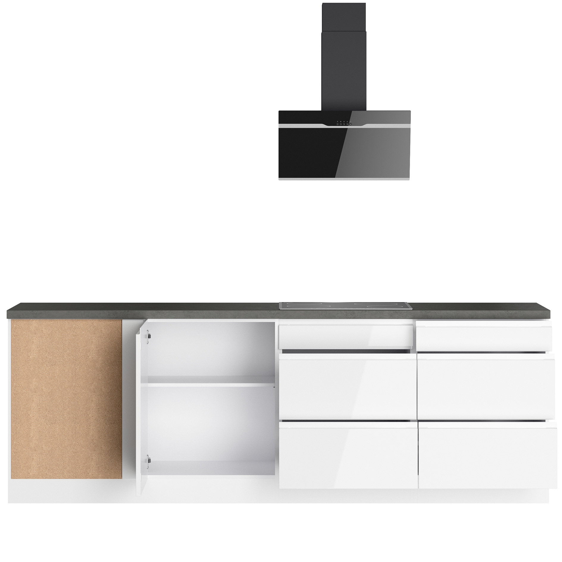 Winkelküche MONZA - weiß Hochglanz - Beton-Optik - mit E-Geräten - Glaskeramikkochfeld - 240x240 cm