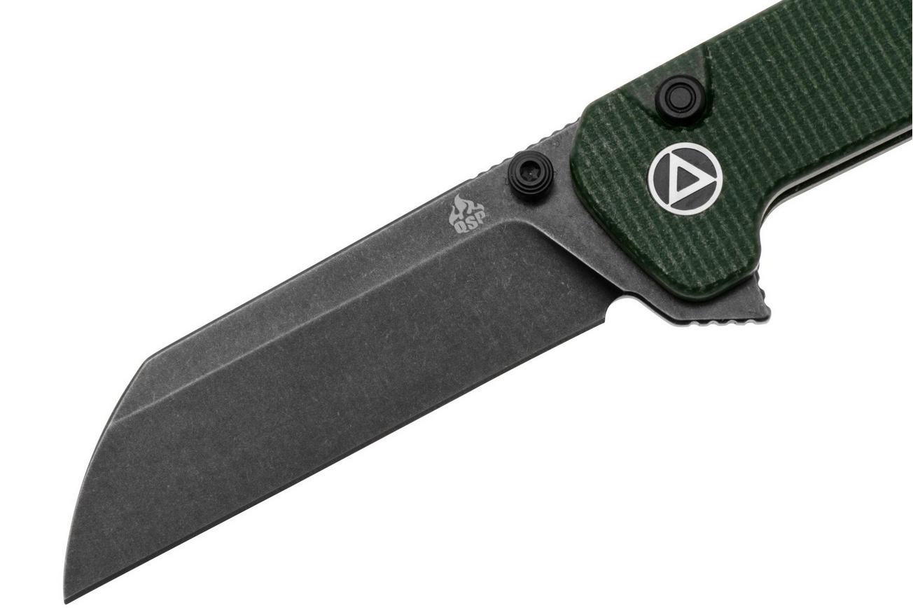 QSP Knife Penguin Button Lock QS130BL-C2 Black, Green Micarta, zakmes