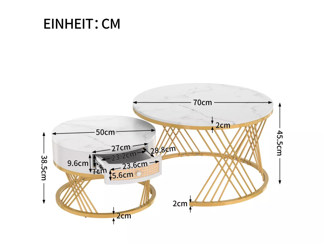 Lot de 2 table basse gigogne ronde, table d'appoint avec plateau en marbre et tiroirs en rotin, pieds en fer dorés - 70x70x45, 5+50x50x38, 5cm blanc