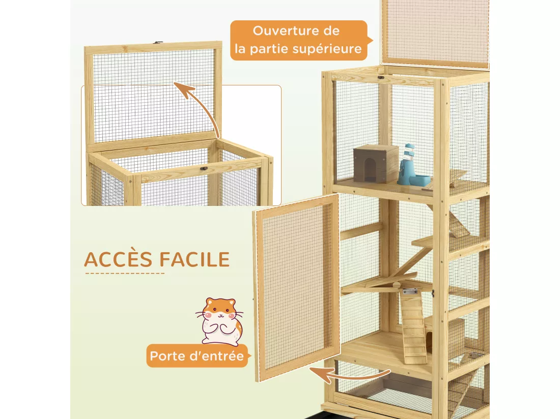 Cage pour rongeurs petits animaux en bois 5 niveaux - échelle, niche, balançoire, plateau amovible, abreuvoir