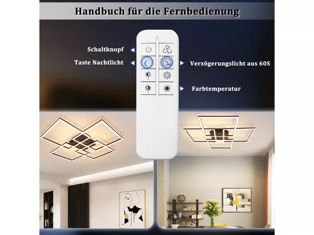 NETTLIFE Plafonnier LED Salon Plafonnier 72CM Noir Dimmable avec Télécommande 48W Design Rectangulaire Moderne