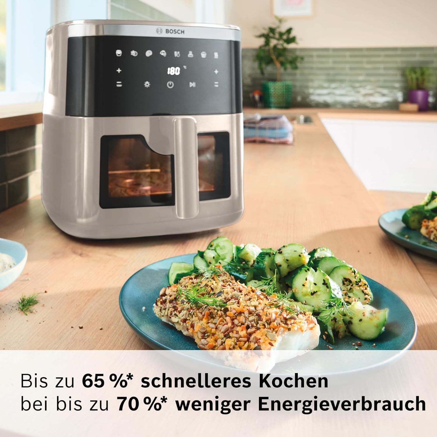 Bosch Heißluftfritteuse Serie 6, XXL Air Fryer, creme, 7,2 L Fassungsvermögen, beleuchtetes Sichtfenster, 7 voreingestellte Programme, bis zu 65% schnelleres Kochen, MAF671C0