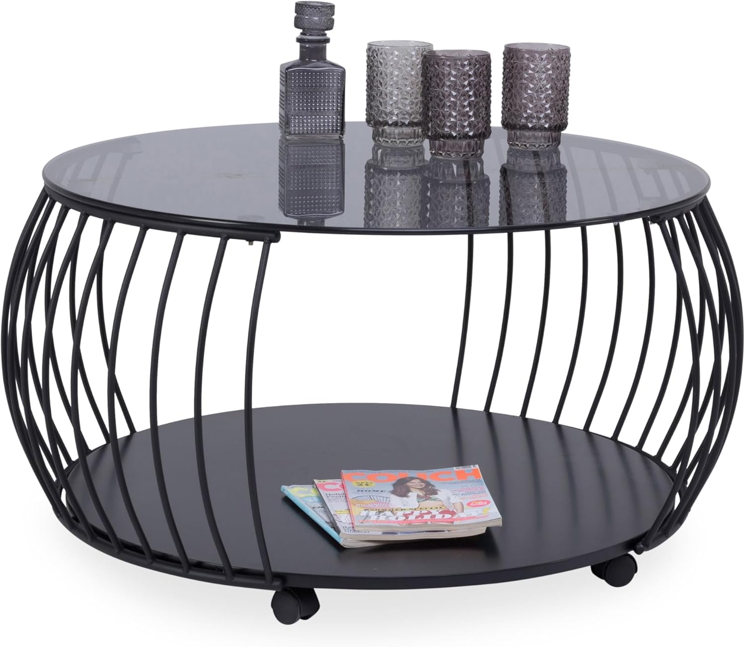 M2 Kollektion Shanghai 1 – Runder Couchtisch mit Glasplatte, Ø 60 cm, H 45 cm | Schwarzes Metallgestell | Mit Ablage & Rollen | Modernes Industrial-Design | Pflegeleicht & stabil
