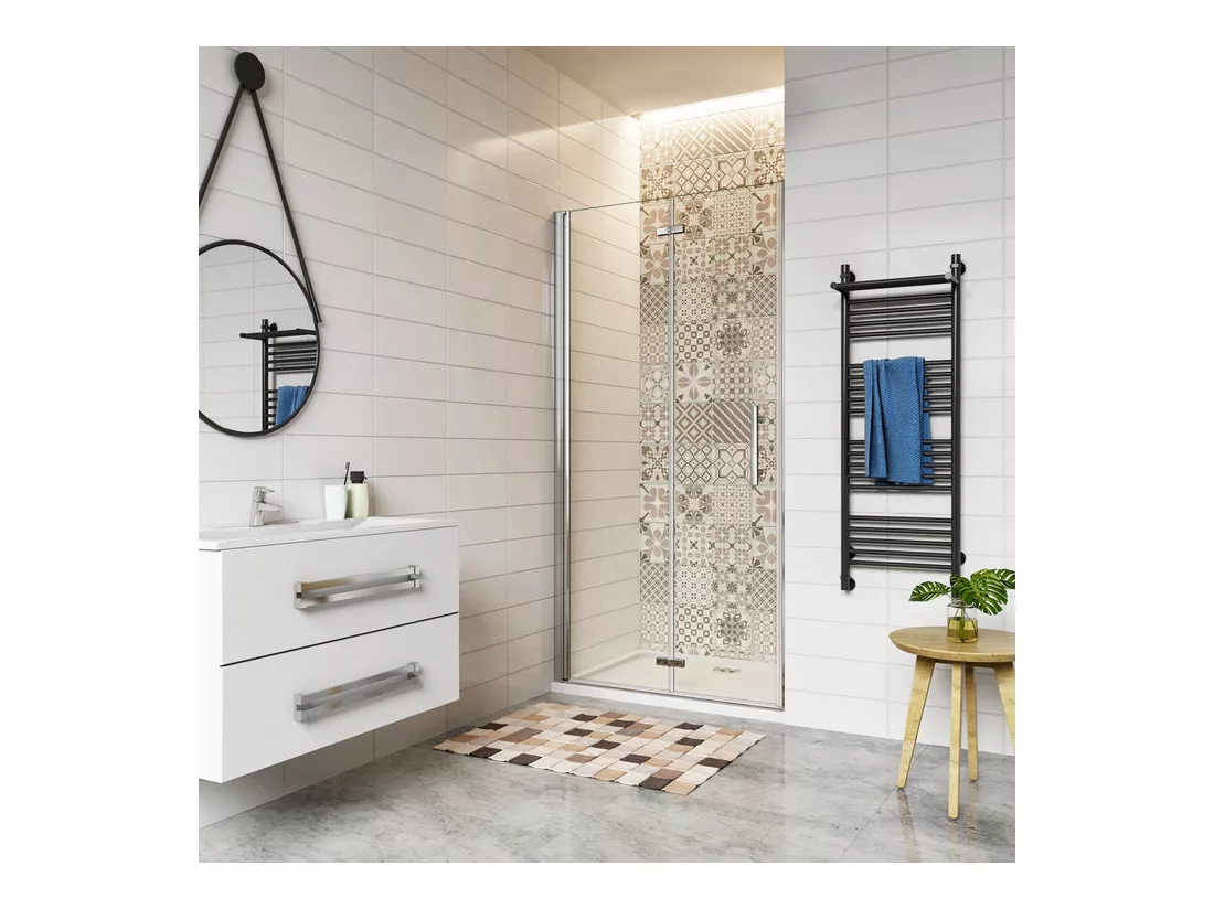 Porte de douche 90x185cm avec receveur de douche blanc 90x80x3cm, porte de douche pivotante et pliante en verre securit anticalcaire