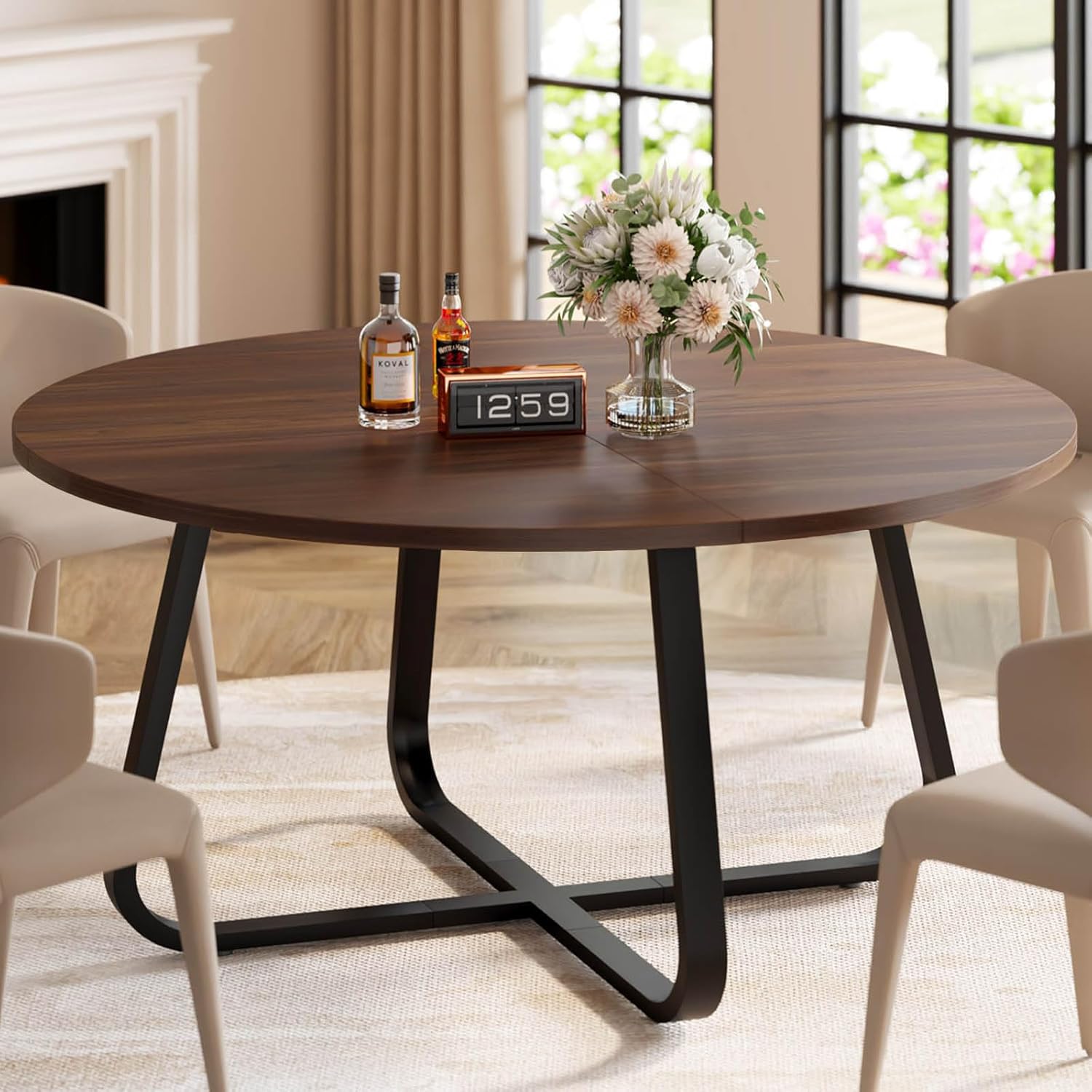 LVB Runder Esstisch, Moderne Küchentische aus Holz, Metall, industrieller Kleiner Esszimmertisch für 4 bis 6 Personen, Kreis, Kaffee-Esszimmertische für Zuhause, Küche, Wohnzimmer, Walnuss, 130 cm YB7735615