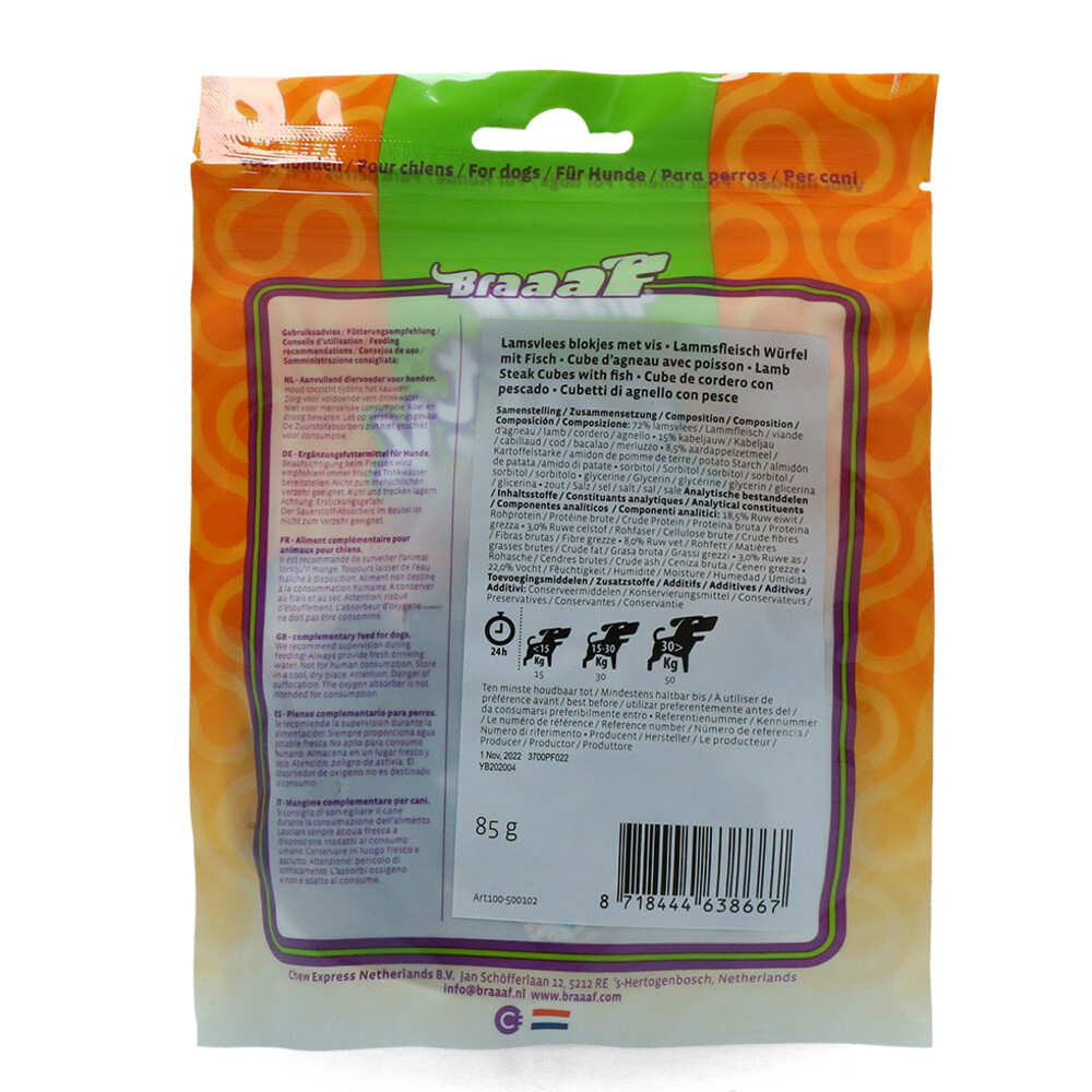 Braaaf Lam Steak Blokjes met Vis85 gr
