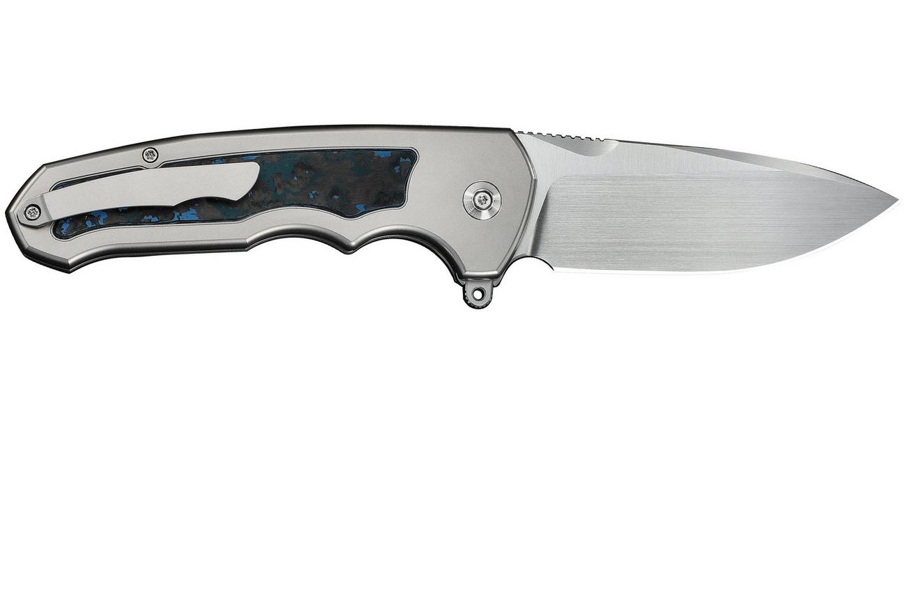 WE Knife Starlash WE23011D-2 Hand Rubbed Satin Böhler M390, Polished Bead Blasted Titanium, Arctic Storm FatCarbon Fiber Inlay, zakmes