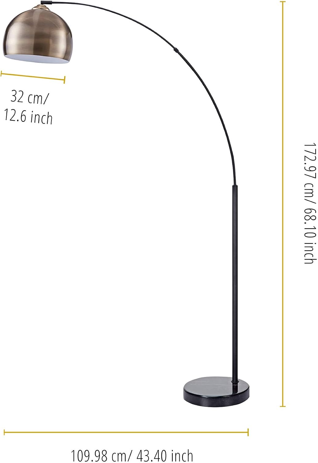 Teamson Home Arquer Gewölbt Gebogen Stehende LED-Stehlampe mit Glockenschirm und Marmorsockel, Moderne Beleuchtung in Antikem Messing für Wohnzimmer oder Esszimmer, Schwarz