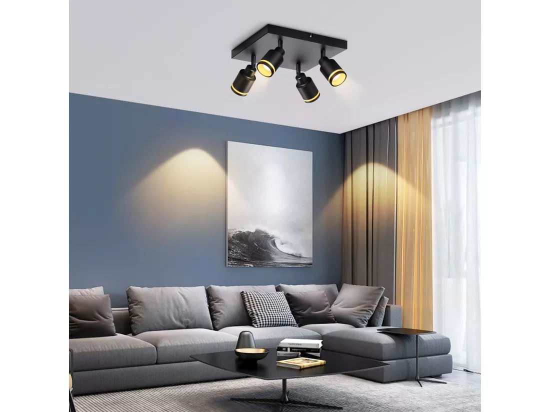 NETTLIFE Plafonnier LED 4 Spots de plafond : modèles carrés plafonnier noirs Spot mural orientable GU10 intérieur métal, sans ampoule