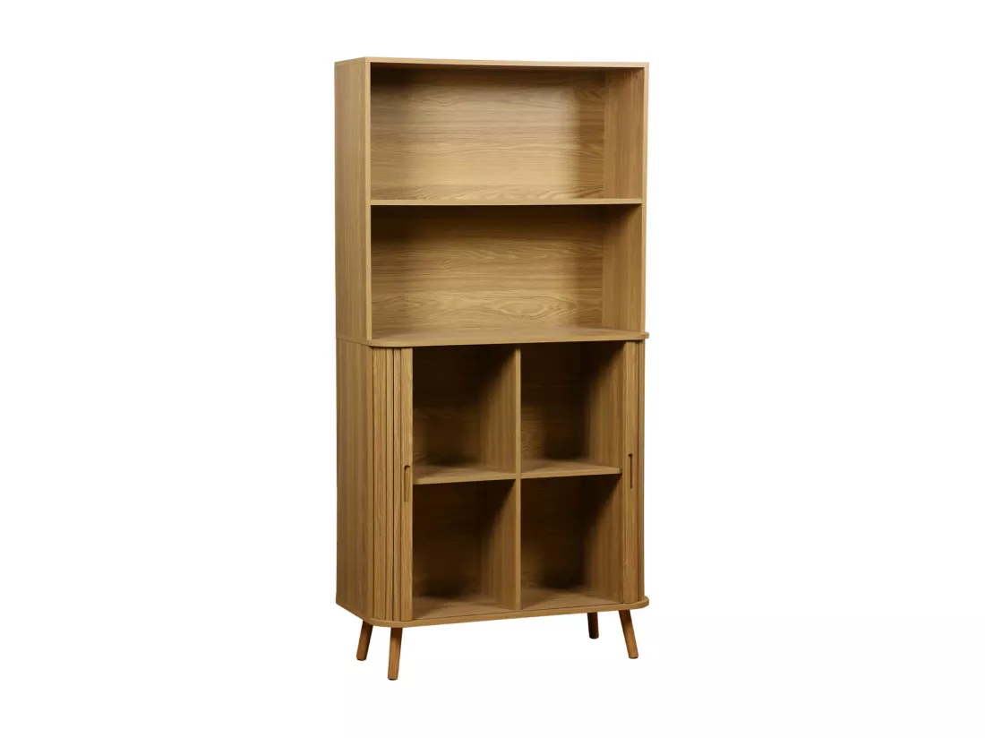 Etagère bibliothèque scandinave. 2 portes coulissantes. 4 niveaux. effet bois rainuré. L 80 x P 45 x H 180cm