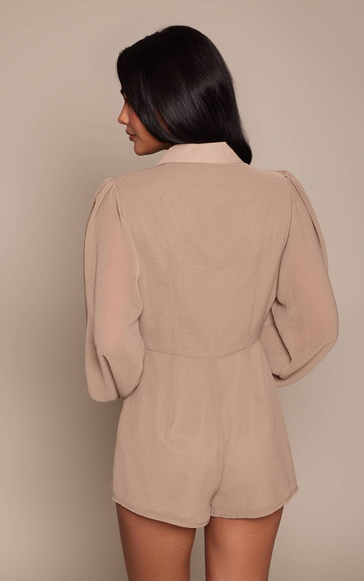 Taupe Combishort Chemise À Manches Ballon