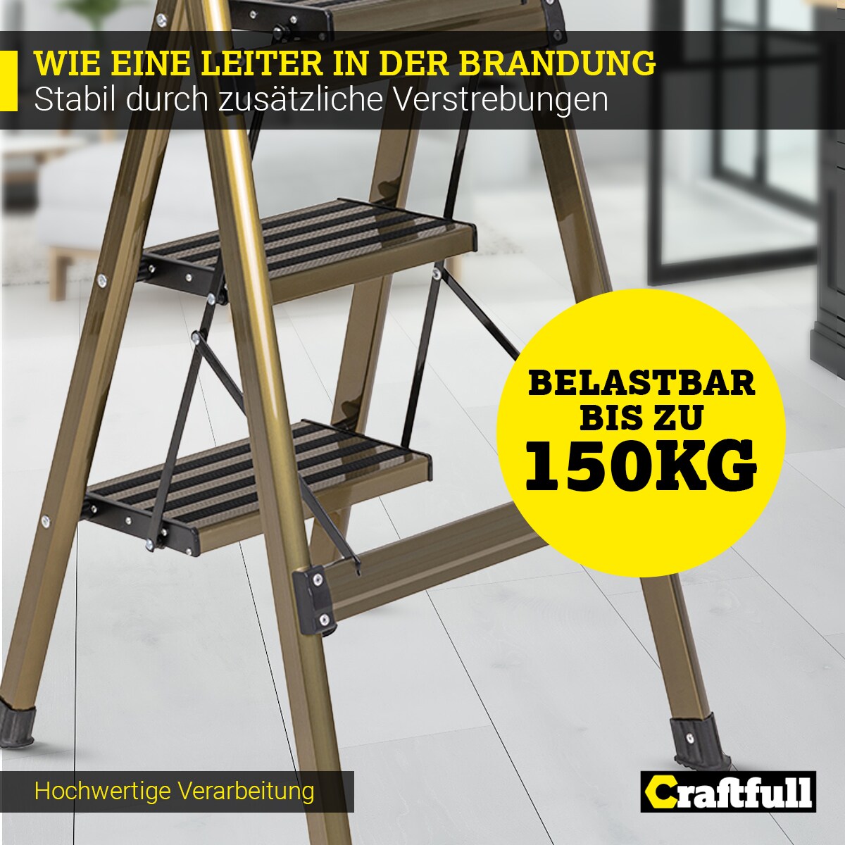 Craftfull Design-Stehleiter CF-134A, Aluminium-Klappleiter, 6cm dünn, Champagner/Silber, 3-5 Stufen (3 Stufen Champagner Edition)