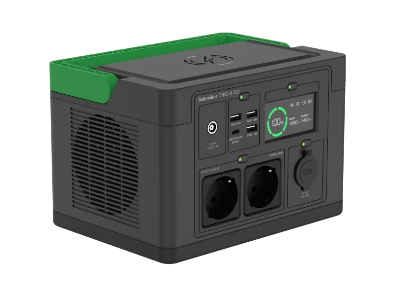 Schneider OffGrid 330 - Transportabel strømstation - LCD, lithium-ion, 2 CEE 7/3 schuko stik, sinuskurve, 3 USB-A, 1 USB-C, trådløs oplader - AC 230 V - 330 Watt - Litiumion - 332 Wh - output-stikforbindelser: 2 - sort, grøn