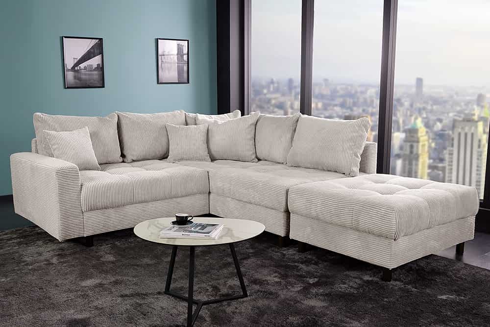 Modernes Ecksofa KENT 220cm beige Cord inkl. Hocker Federkern L-Form Wohnlandschaft