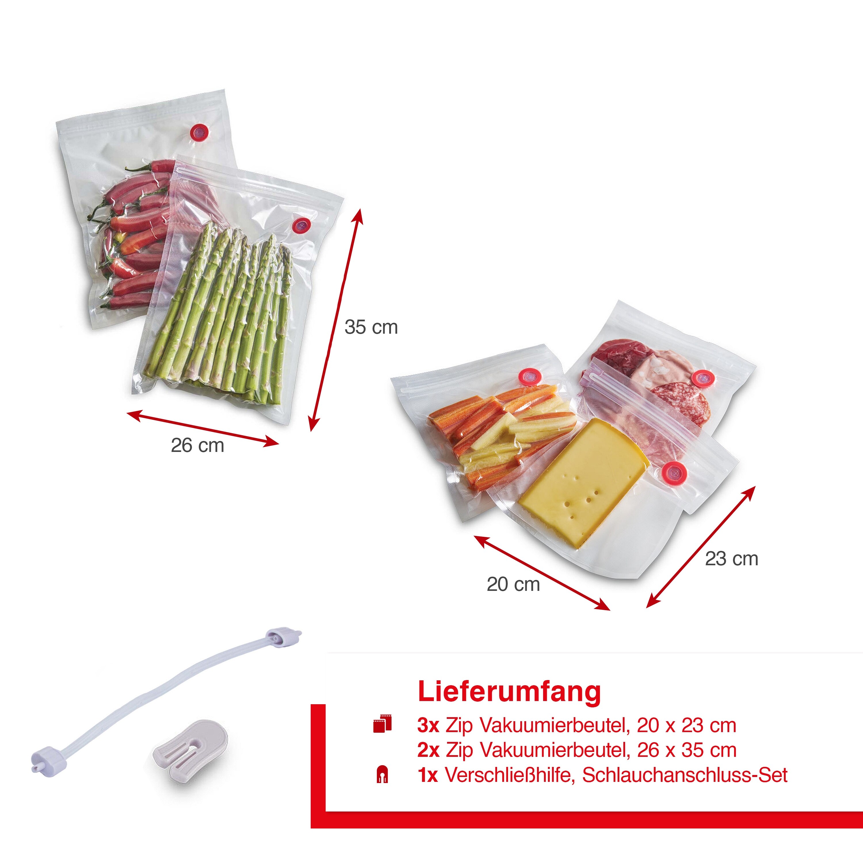 Solis Zip Vakuumierbeutel Set 5 Beutel BPA-frei, Schlauchanschluss-Set