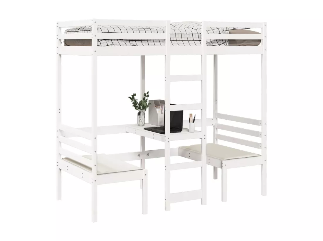 Lit mezzanine avec bureau et chaises blanc 90x190 cm pin massif