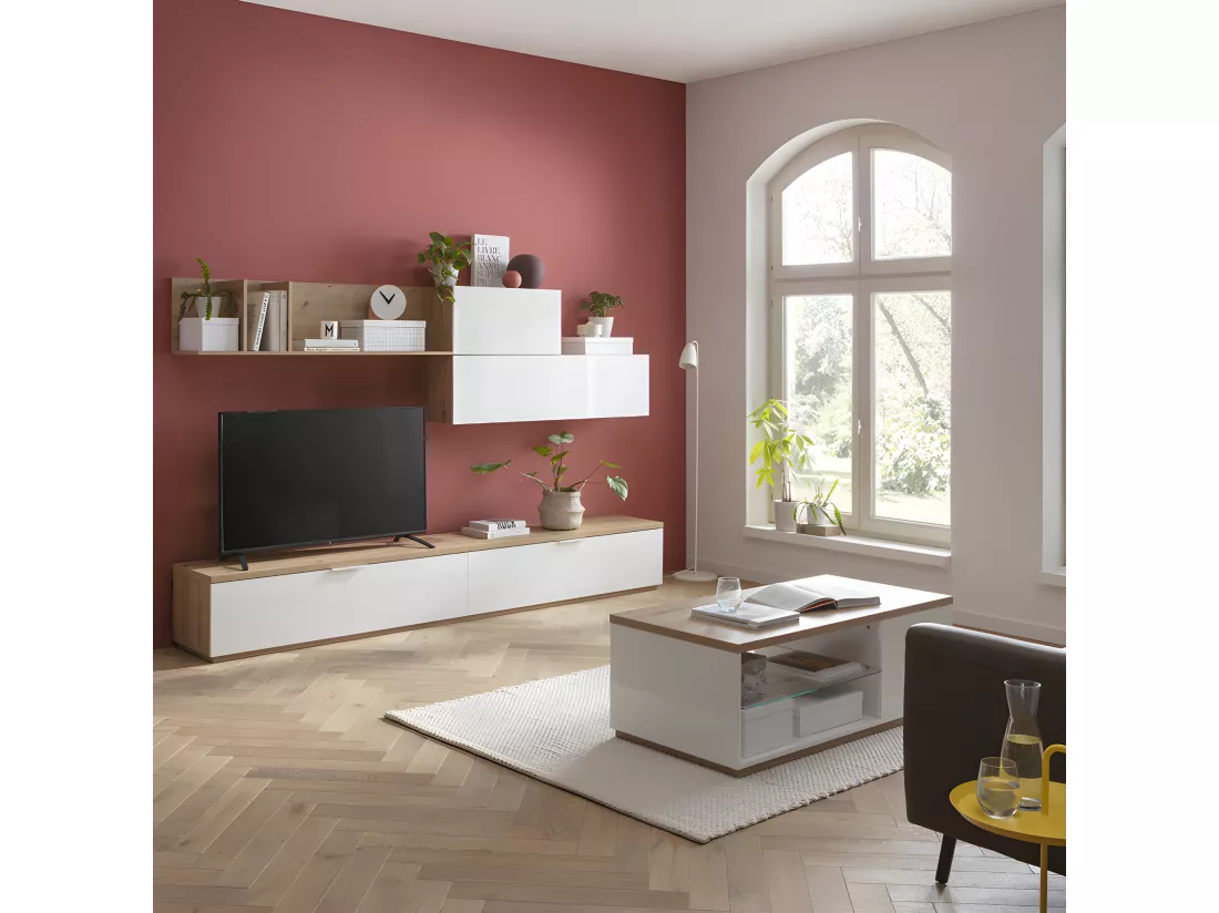 Etagère murale asymétrique 270 cm décor chêne blanc laqué - VERONICA