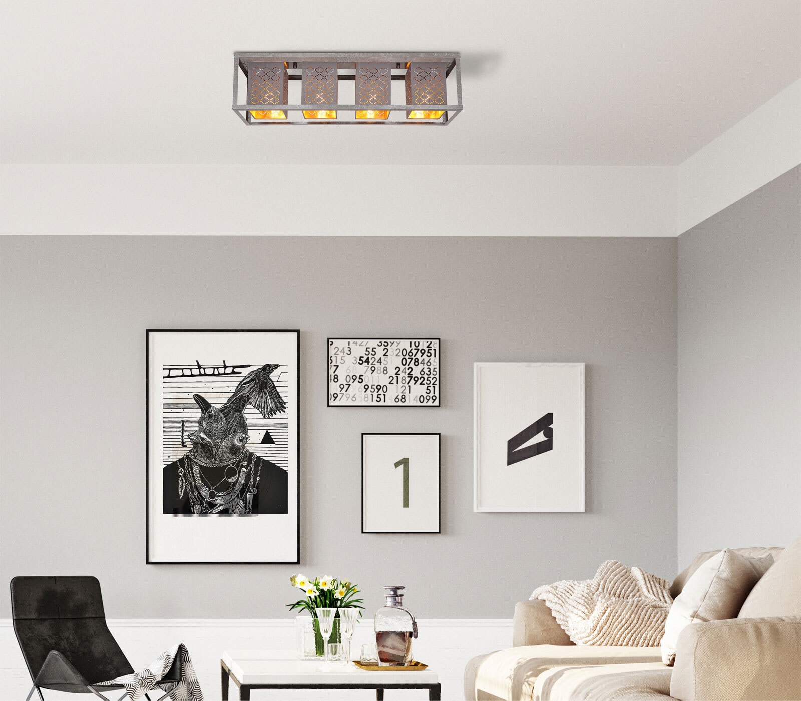 THOMAS Deckenlampe silberfarben 15498-4D, B/H/T: 75 x 22,5 x 20 cm, Textil, Metall