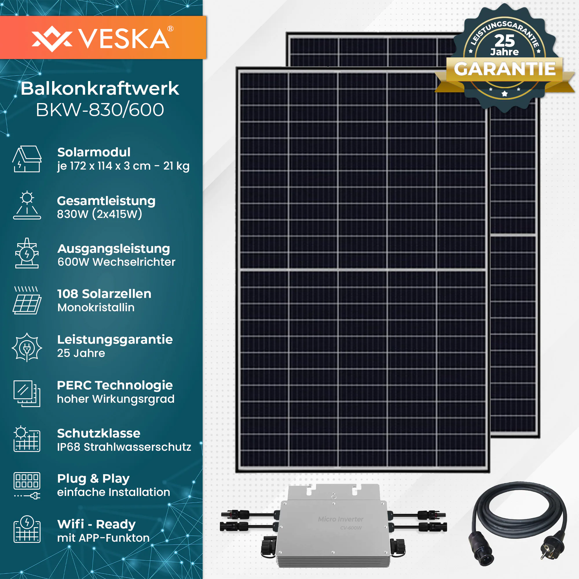 Balkonkraftwerk 830 W / 600 W Photovoltaik Solaranlage Steckerfertig