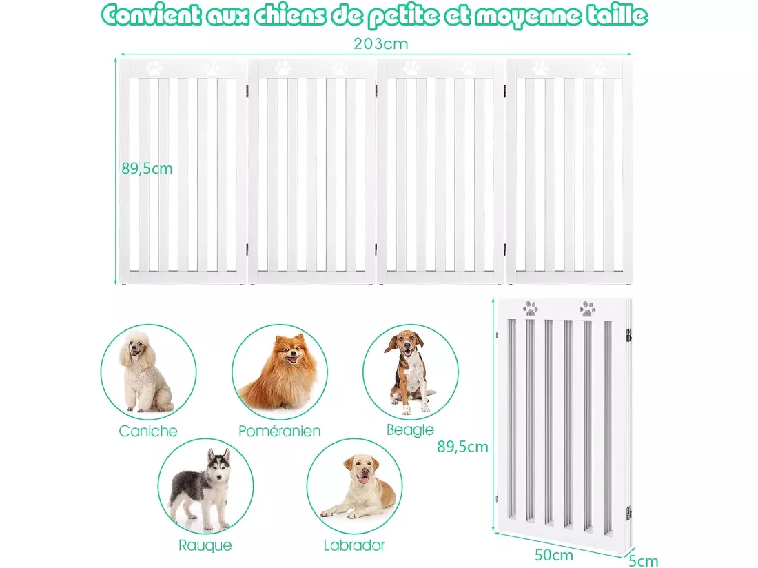 Barrière autoportante pour chien 4 panneaux en bois charnières ,sans perçage