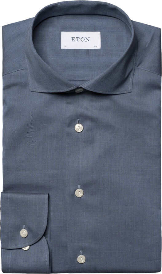 ETON Slim Fit Mid Blue Herringbone Wrinkle Free Flannel Shirt Blå