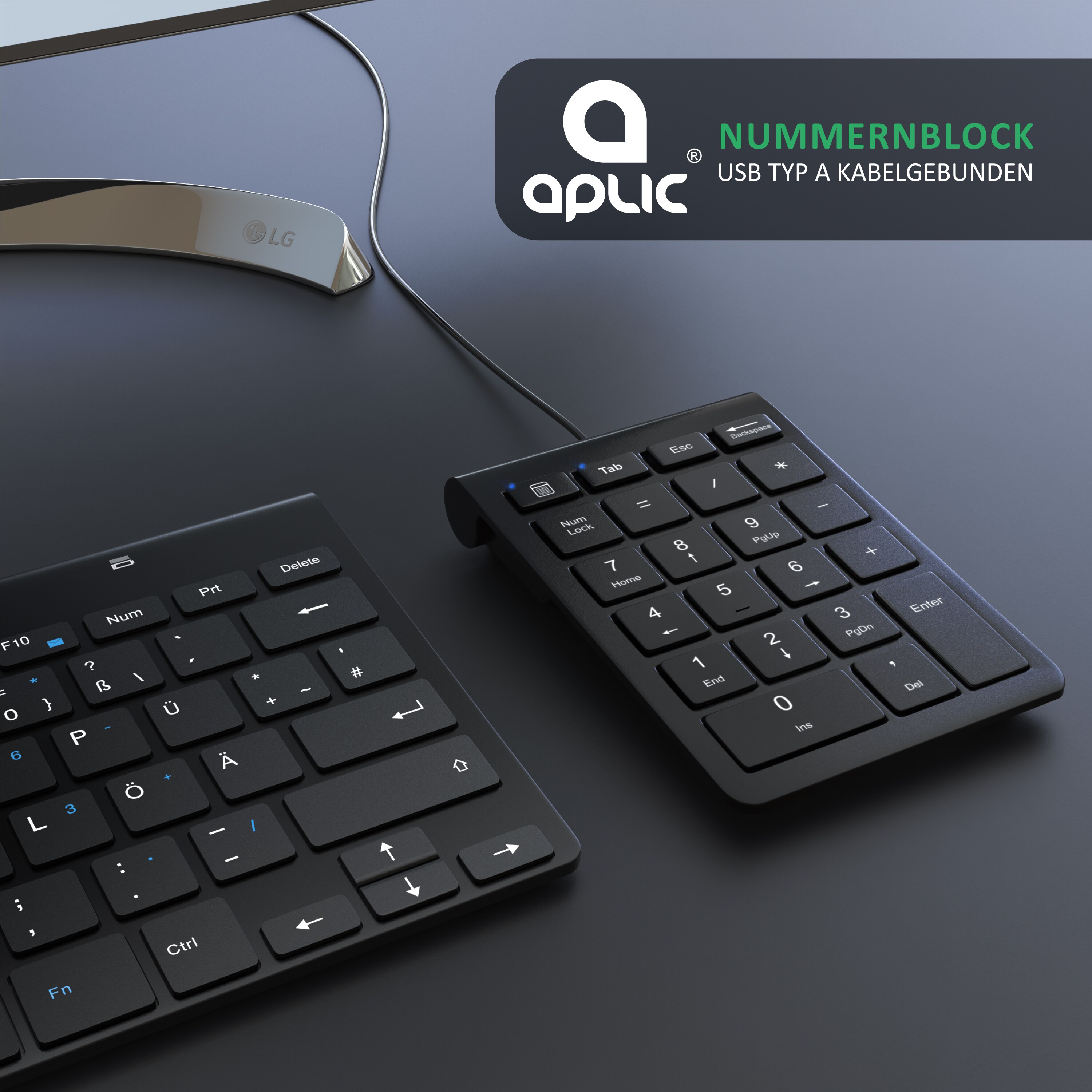 Aplic Numpad 22 Tasten - Keypad kabelgebunden USB Typ A - Ziffernblock mit 10 Multifunktionstasten - Multimedia-Keys - geneigte Tastatur - für PC