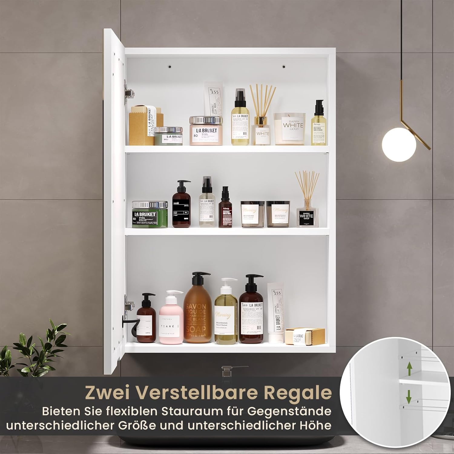 DICTAC Spiegelschrank Bad mit Led Beleuchtung 50x70x16cm Einzeltür Badezimmer spiegelschrank mit licht und Verstellbares Regale Badschrank mit Einstellbar Spiegel,Berührung Sensorschalter,Weiß