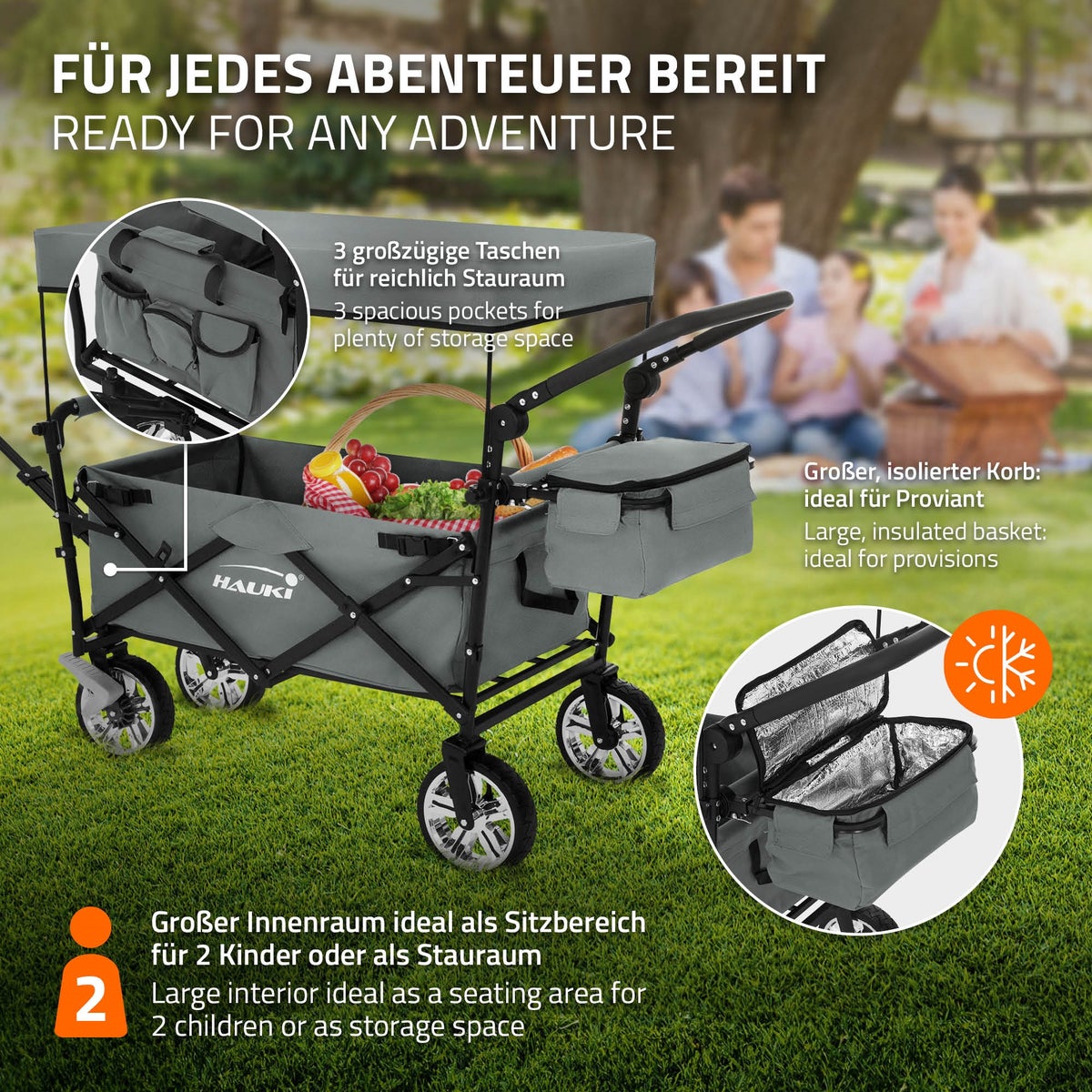 Hauki XXL opvouwbare bolderkar met luifel en tas, grijs, opvouwbare handkar voor duwen/trekken, kindertransportkar/kinderwagen, 360° draaibare voorwielen, PU-wielen met remmen, draagvermogen 120 kg