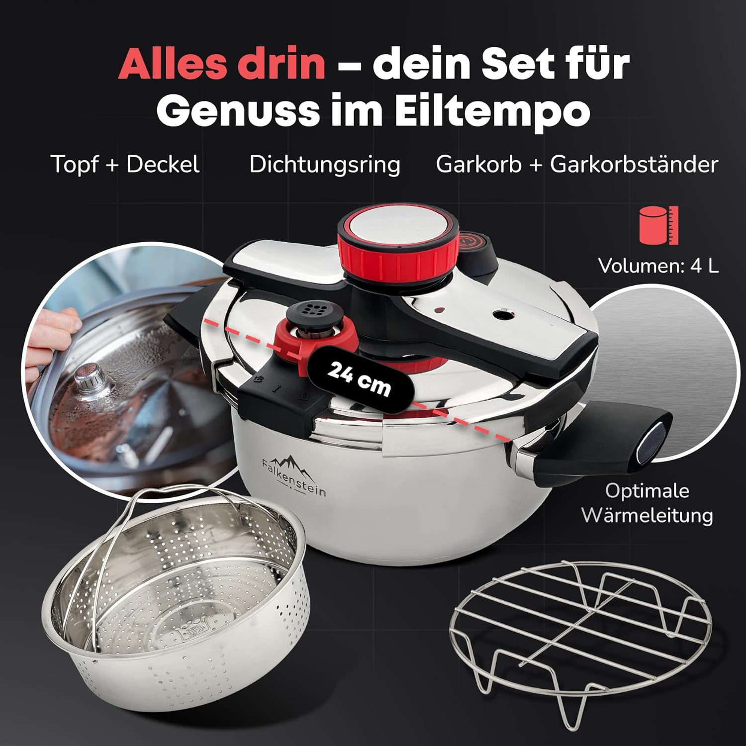 Schnellkochtopf 4l [  ], geeignet für alle Herdarten > Pressure Cooker mit Kochzeitsignal | Dampfkochtopf mit 2 Kochstufen
