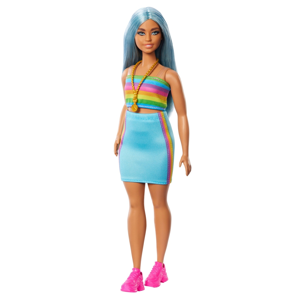Barbie Fashionista Puppe 218 mit blauen Haaren und Regenbogenoberteil