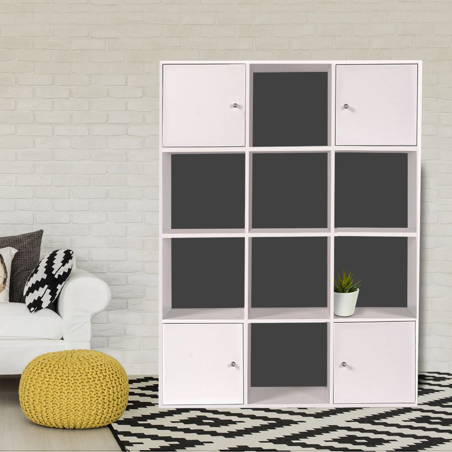 Meuble de rangement cube RUDY 12 cases bois blanc avec portes fond gris