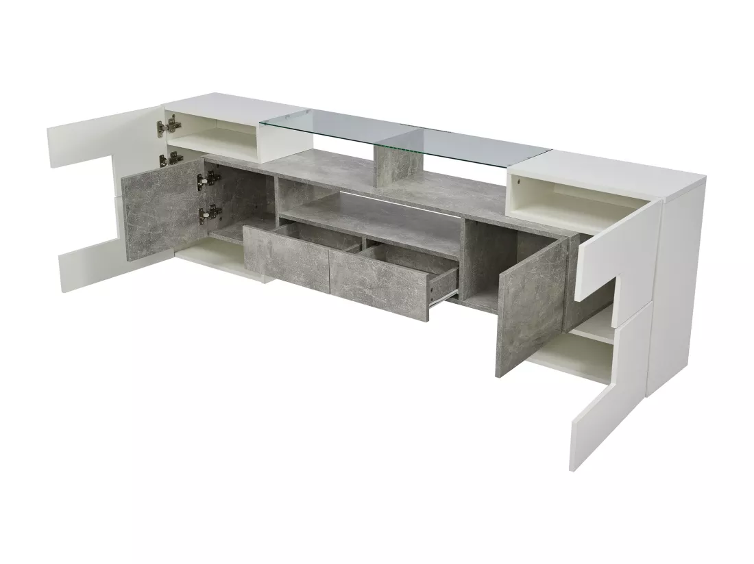 Meuble TV 2m en bois avec 2 tiroirs et 2 étagères ouvertes - Gris & Blanc