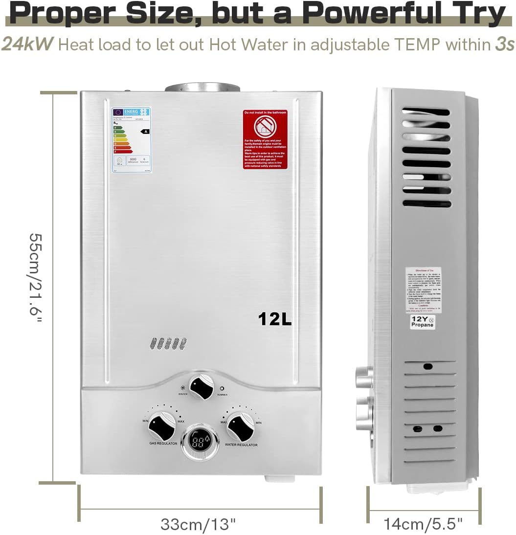 12LPM Gasdurchlauferhitzer,24KW LPG Durchlauferhitzer mit Super Niedrigem 0,2 bar Startwasserdruck,für Zuhause,Wohnmobile,Kabinen,Scheunen,Geeignet für Propan & Butan Silber