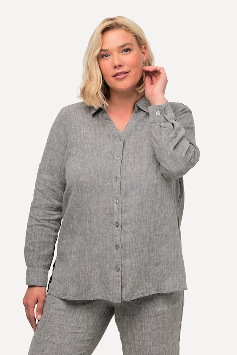 Bluse, Leinen, offener Kragen, Langarm