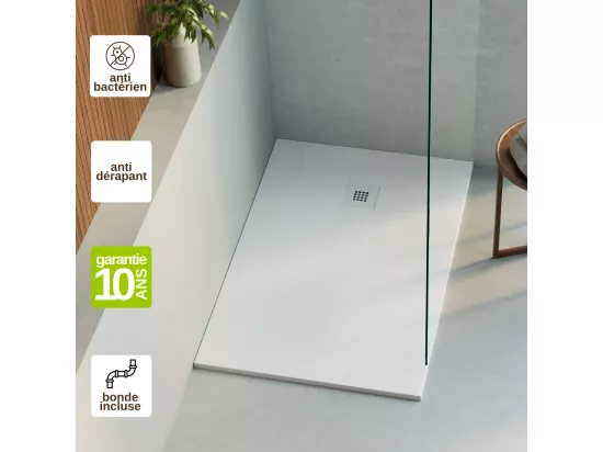 Receveur de Douche Extraplat THOR Blanc 120x70x3cm - Texture Ardoise 75% Minéral, Antidérapant, Antibactérien, LAVABERG