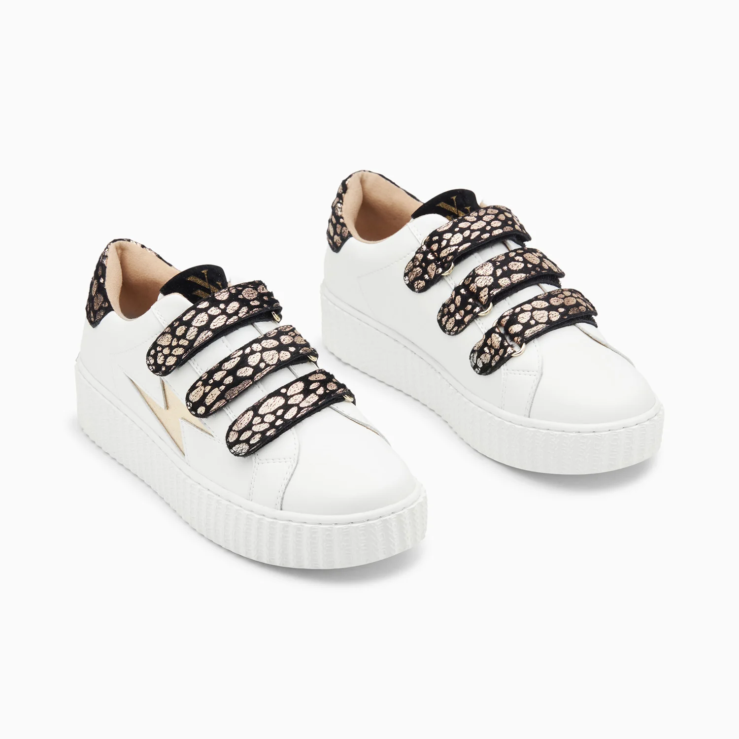 Sneakers-Baskets éclair Daisy blanc et or à scratchs léopard