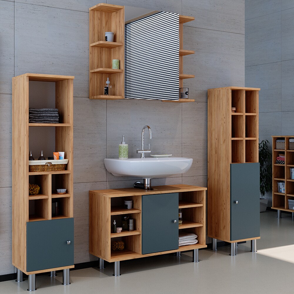 Vicco Waschtischunterschrank Badschrank Waschbecken Fynn Eiche Grün Badmöbel 80cm