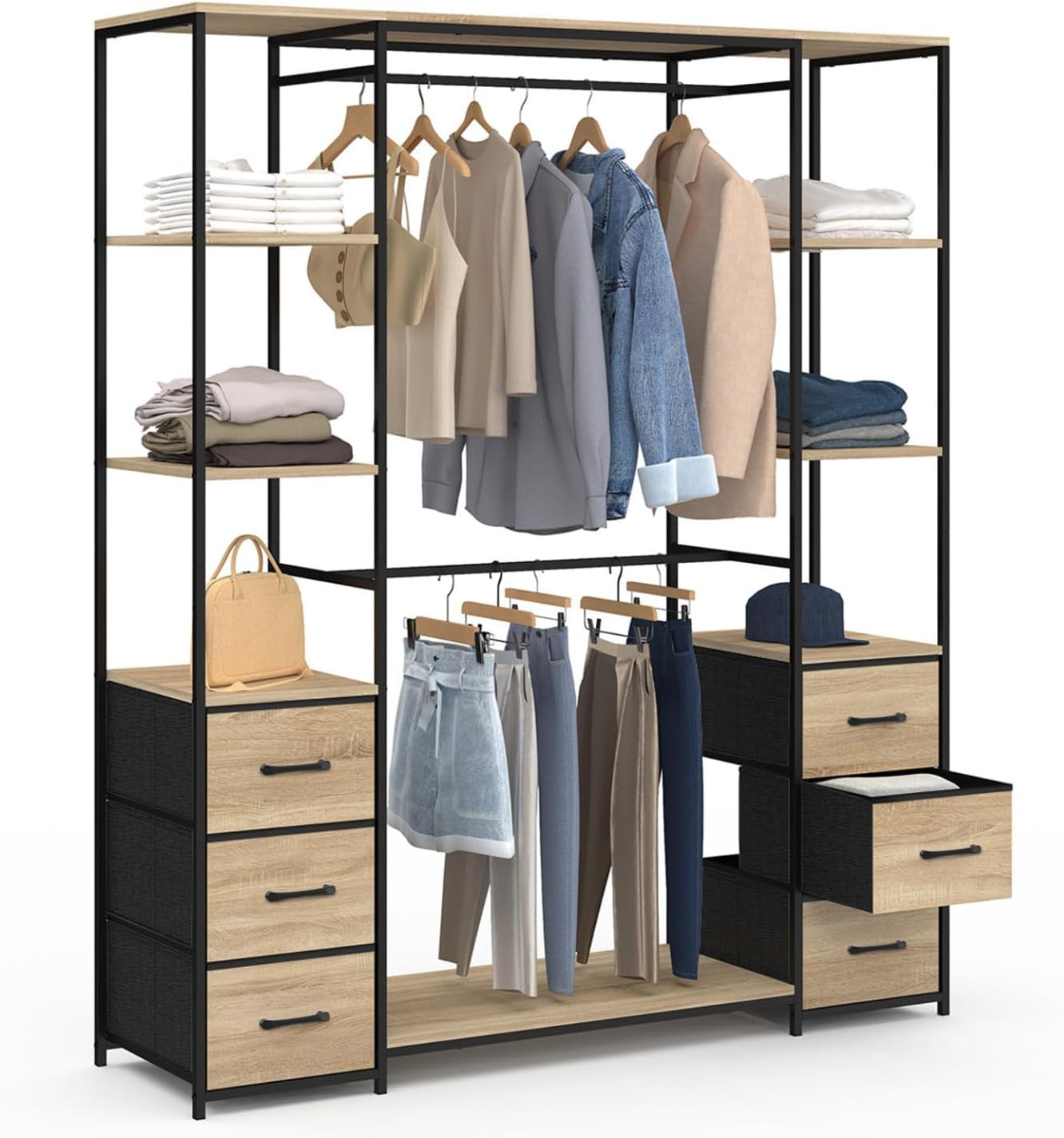 IDMarket - Ankleidezimmer mit doppeltem Kleiderschrank + doppelter Säule B. 140 cm UTAH mit 6 Regalen und 6 Behältern aus Stoff in Holz und