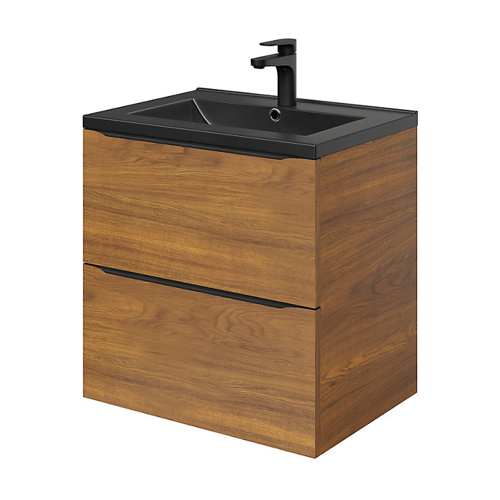 Ensemble salle de bains l.60 cm meuble à suspendre Imandra décor noyer + plan vasque céramique noir