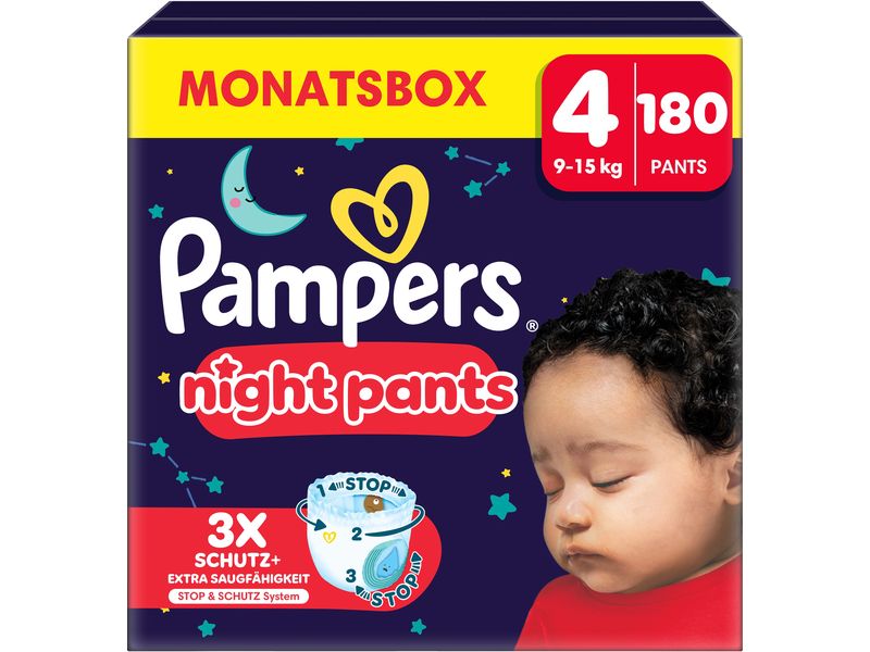 Pampers Nachtwindeln Baby Dry Night Pants Grösse 4 Monatsbox 9-15 kg, 180 Stück