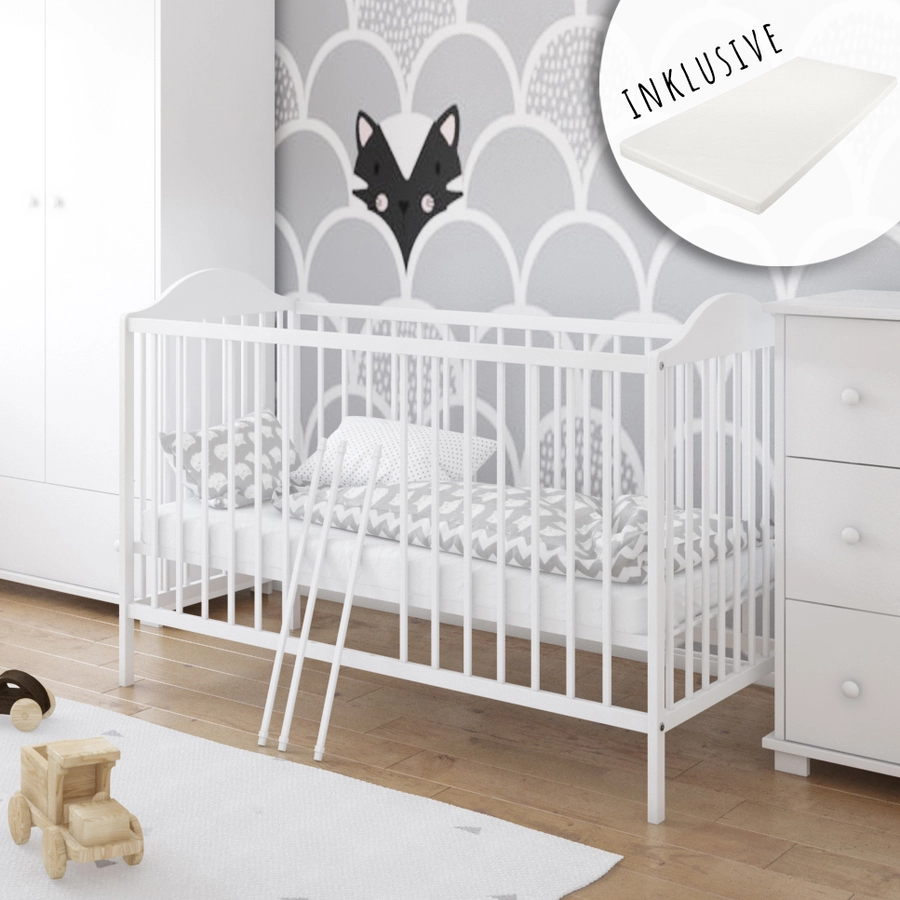 Kids Collective Babybett Gitterbett 60x120 höhenverstellbar | herausnehmbare Sprossen Stäbe weiß mit Matratze