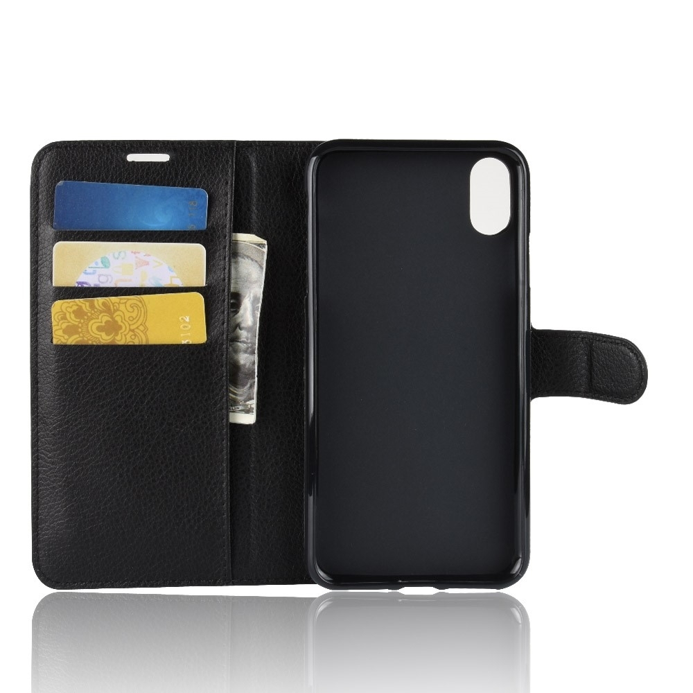 iPhone Xr Leder Tasche Flip Cover Litchi Look - Schwarz