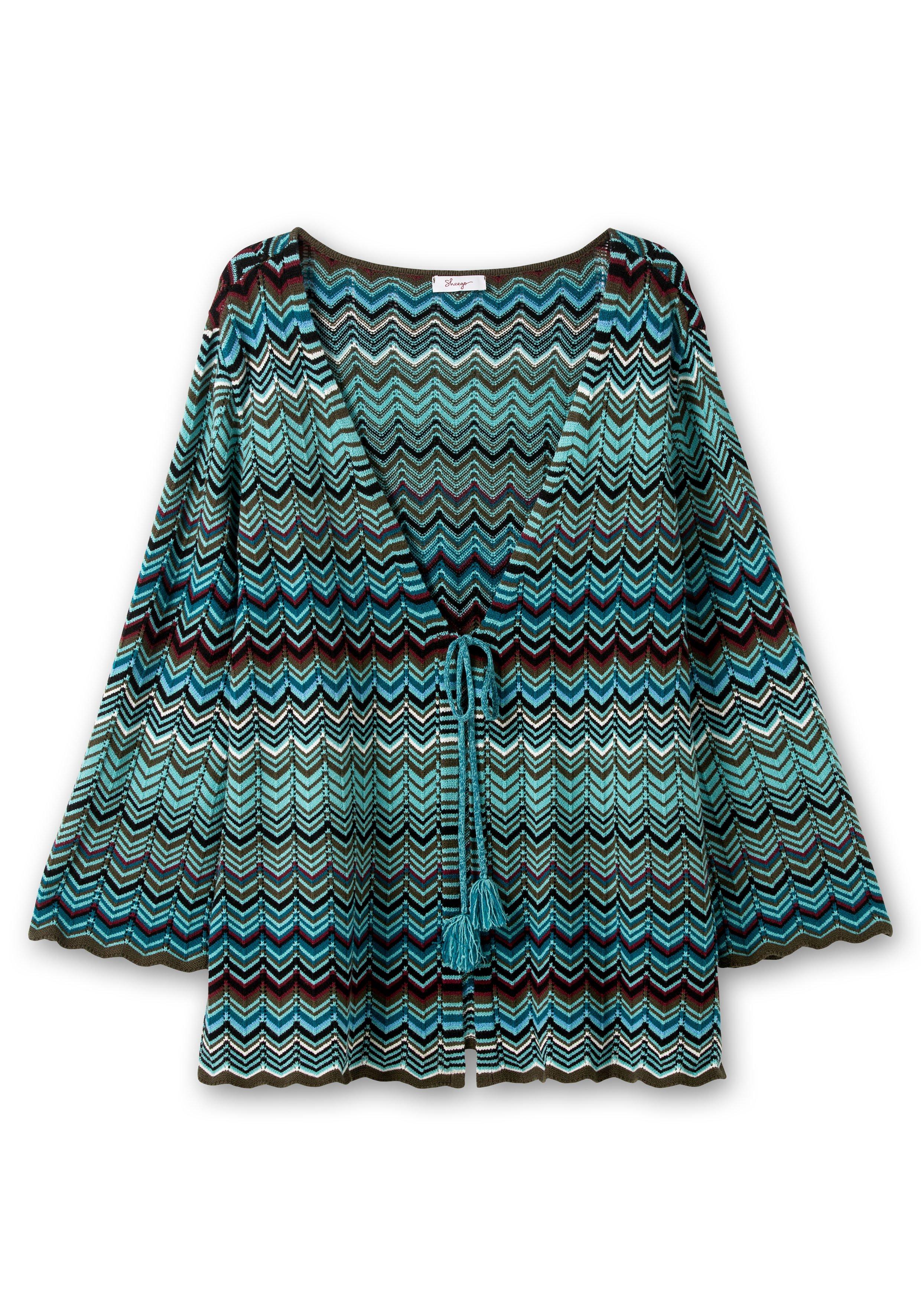 Strickjacke mit Trompetenärmeln, im Zickzackmuster