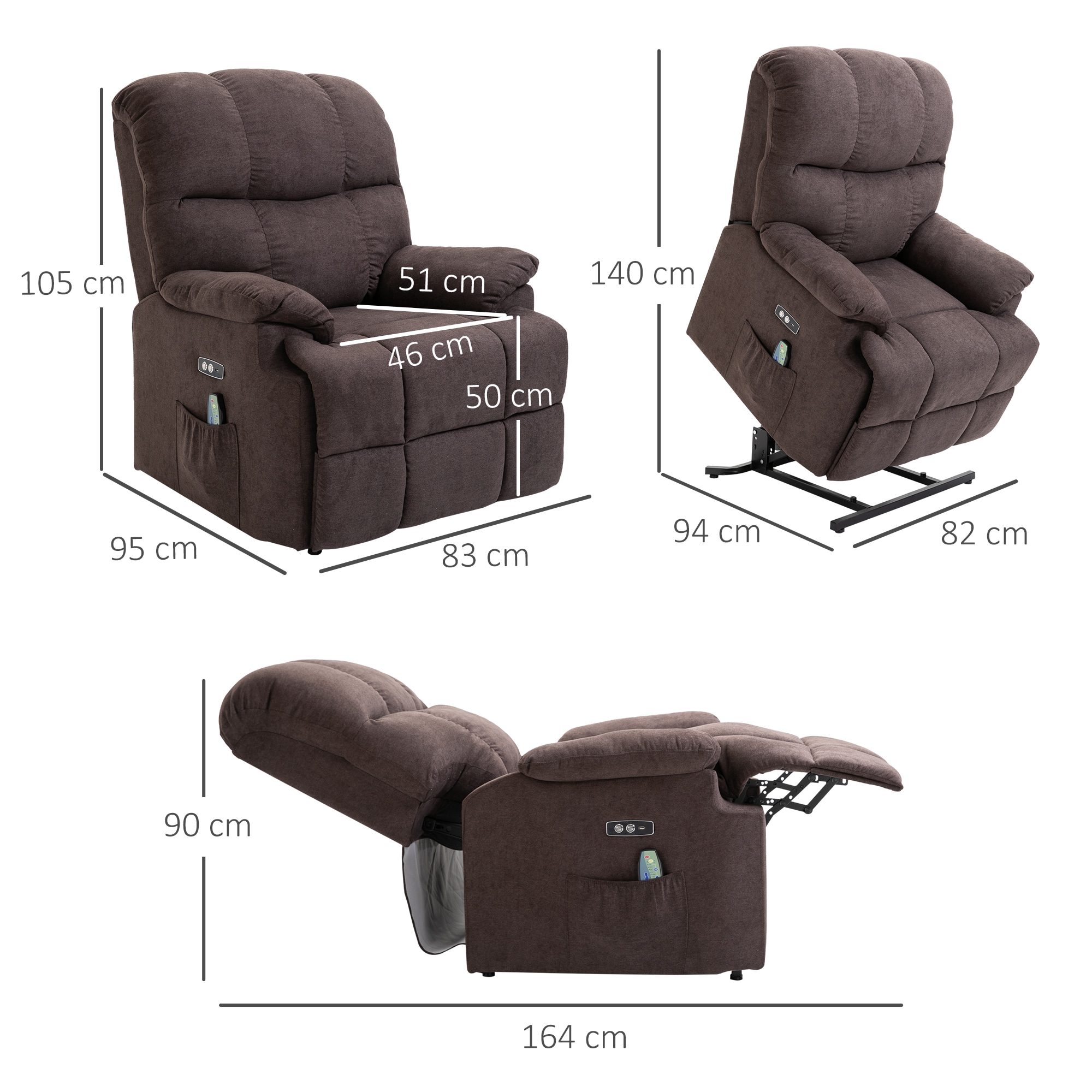 HOMCOM Sessel mit Aufstehhilfe, Liegefunktion und 8 Vibrationsmassagepunkten 83L x 95B x 105H cm