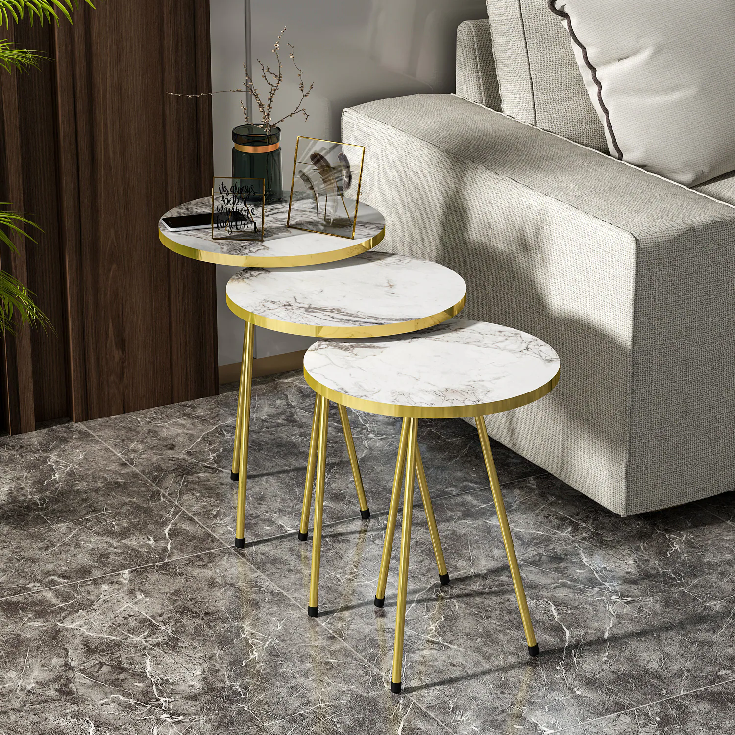 Beistelltisch 3er Set Marmoroptik Weiß 21766238
