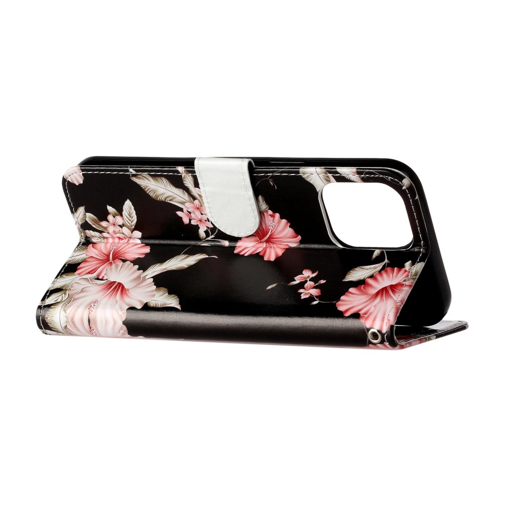 iPhone 13 Pro Leder Tasche Flip Cover Rosa Azalea Blumen - Schwarz