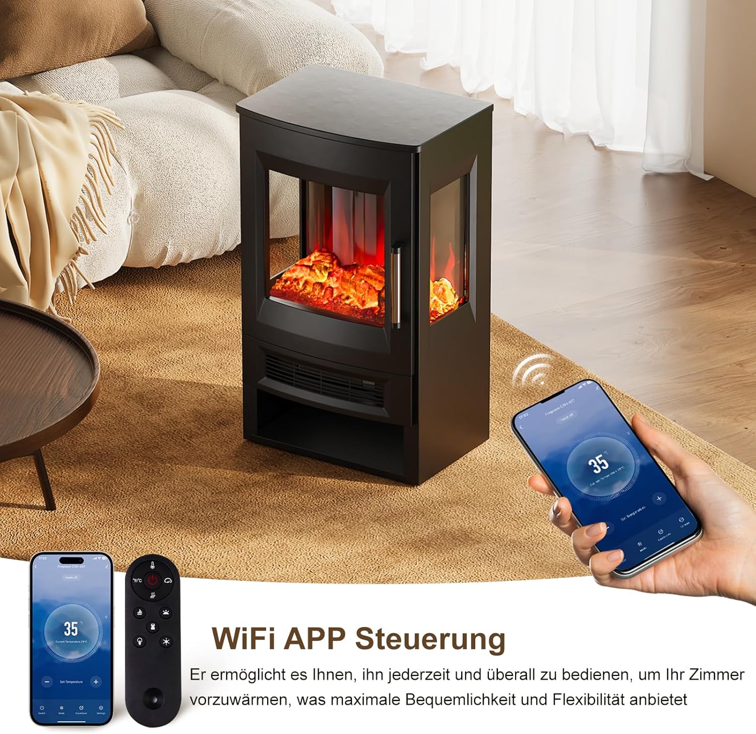 INMOZATA Elektrokamin mit Heizung Panorama-Sichtfenster Elektrischer Kamin mit 8 LED Flammeneffekt und Ember Bett Effekt, WiFi APP 900/1800W Kaminfeuer Elektrisch mit 45° Kippschutz & Thermostat